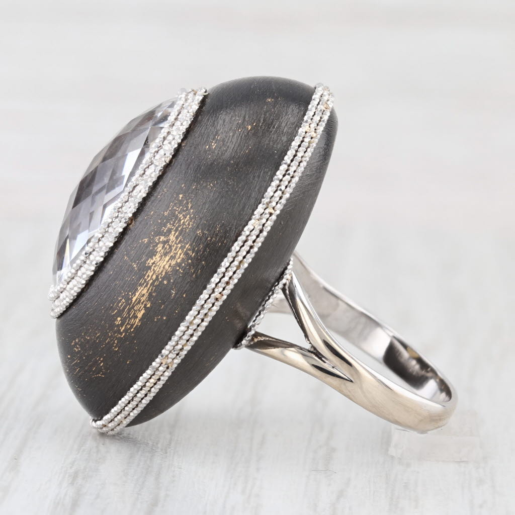 Rock Crystal Quartz Statement Ring 18k White Gold Black Rhodium Accents Italian