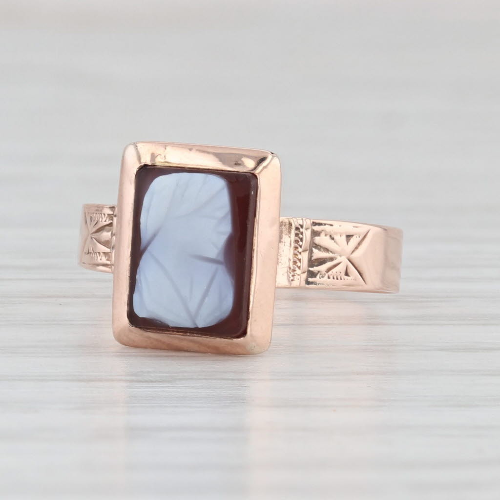 Light Gray Victorian Sardonyx Cameo Ring 9k Rose Gold Size 4.5 Antique Signet