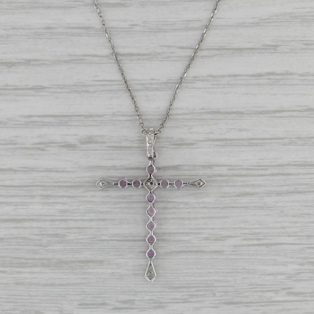 0.62ctw Pink Sapphire Diamond Cross Pendant Necklace 10k White Gold Cable Chain