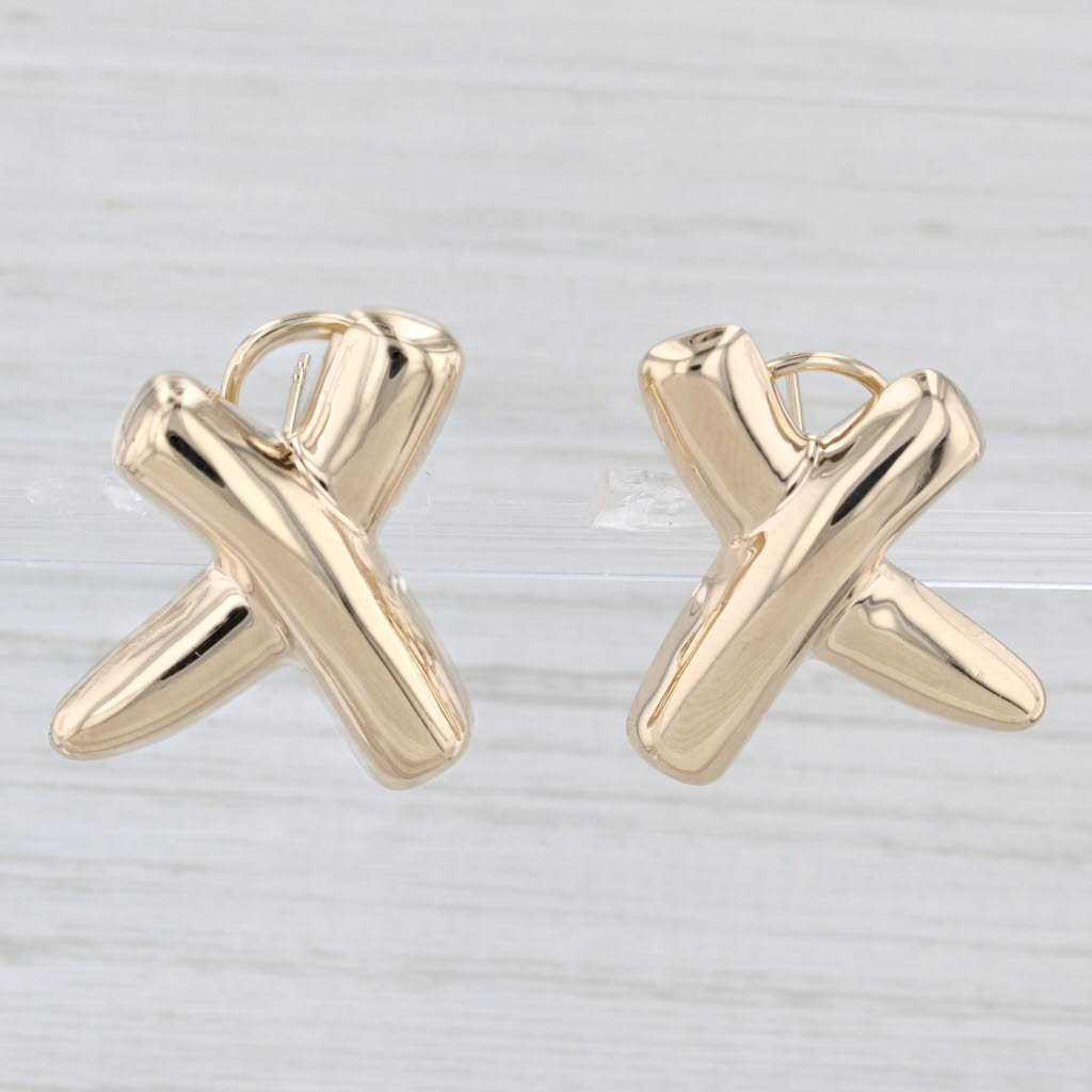 Light Gray Abstract X Earrings 14k Yellow Gold Pierced Omega Back Drops