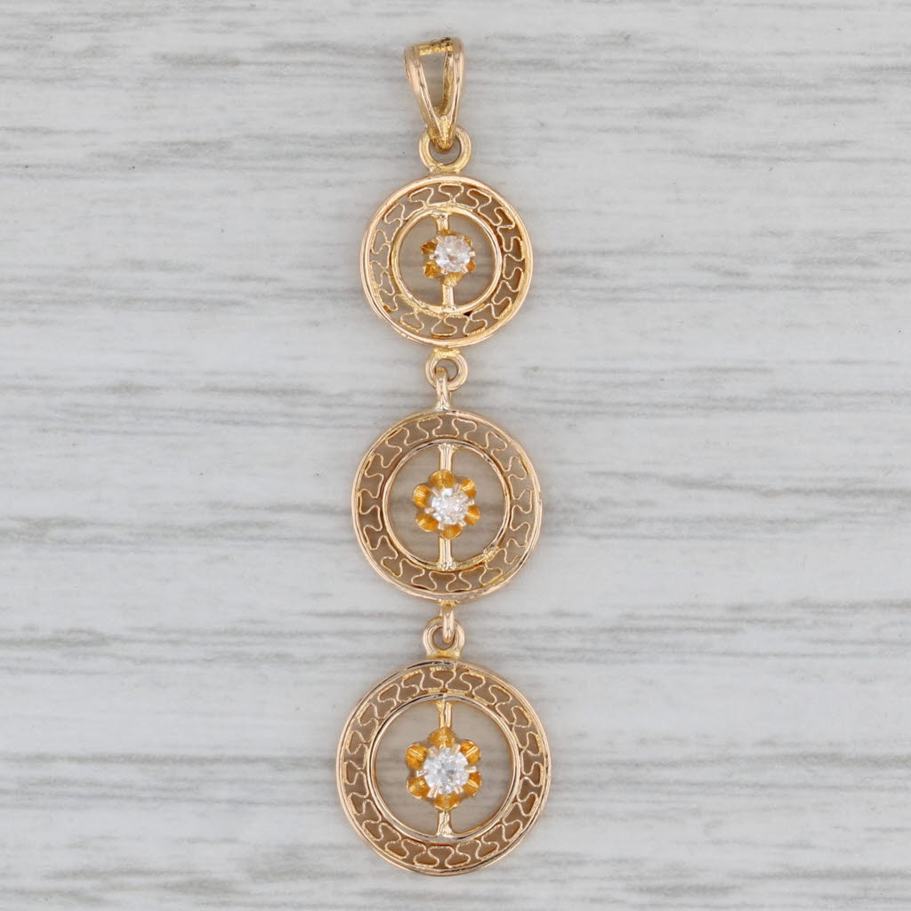 Gray Vintage Diamond 3-Stone Filigree Drop Pendant 10k Yellow Gold