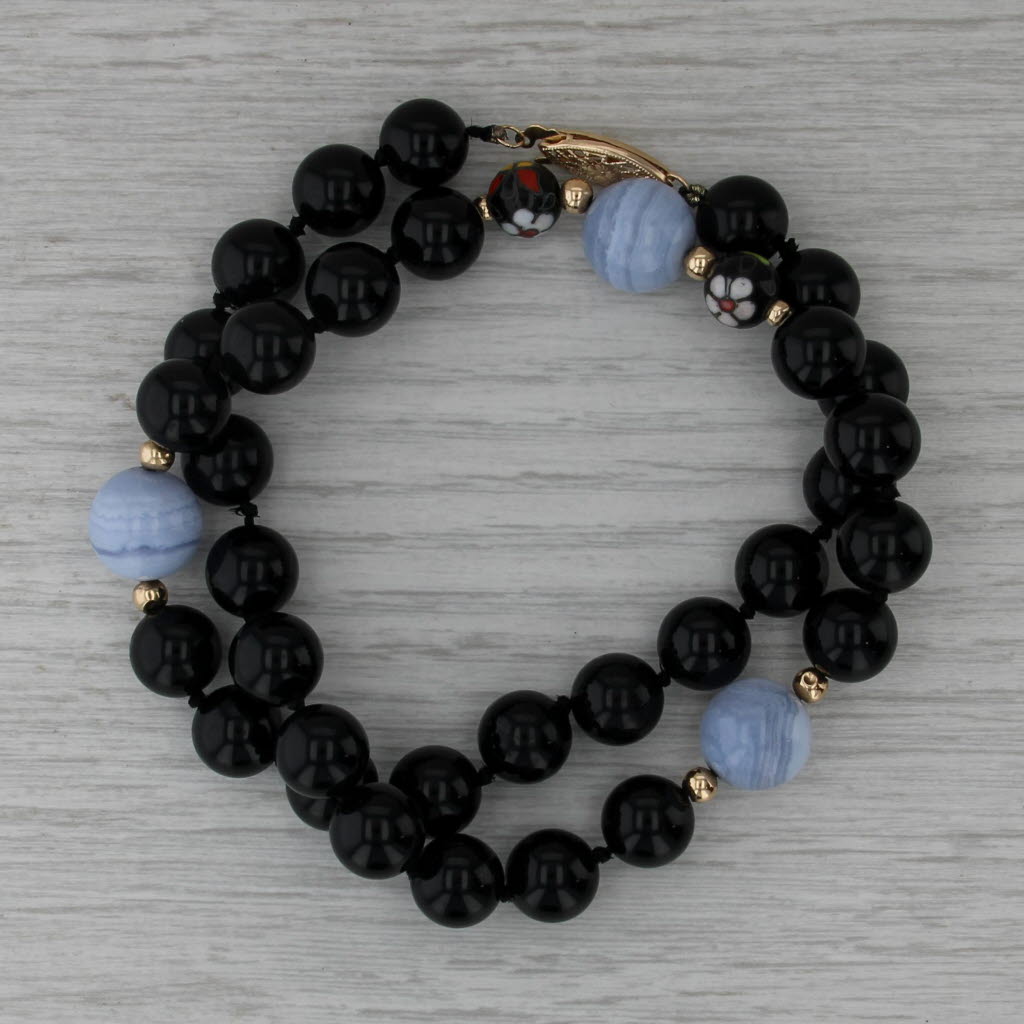 Onyx Agate Cloisonne Bead Strand Necklace 14k Gold 18" Statement