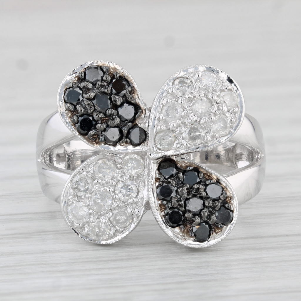 Light Gray 0.50ctw Black White Pave Diamond Flower Ring 14k White Gold Size 7 Cocktail