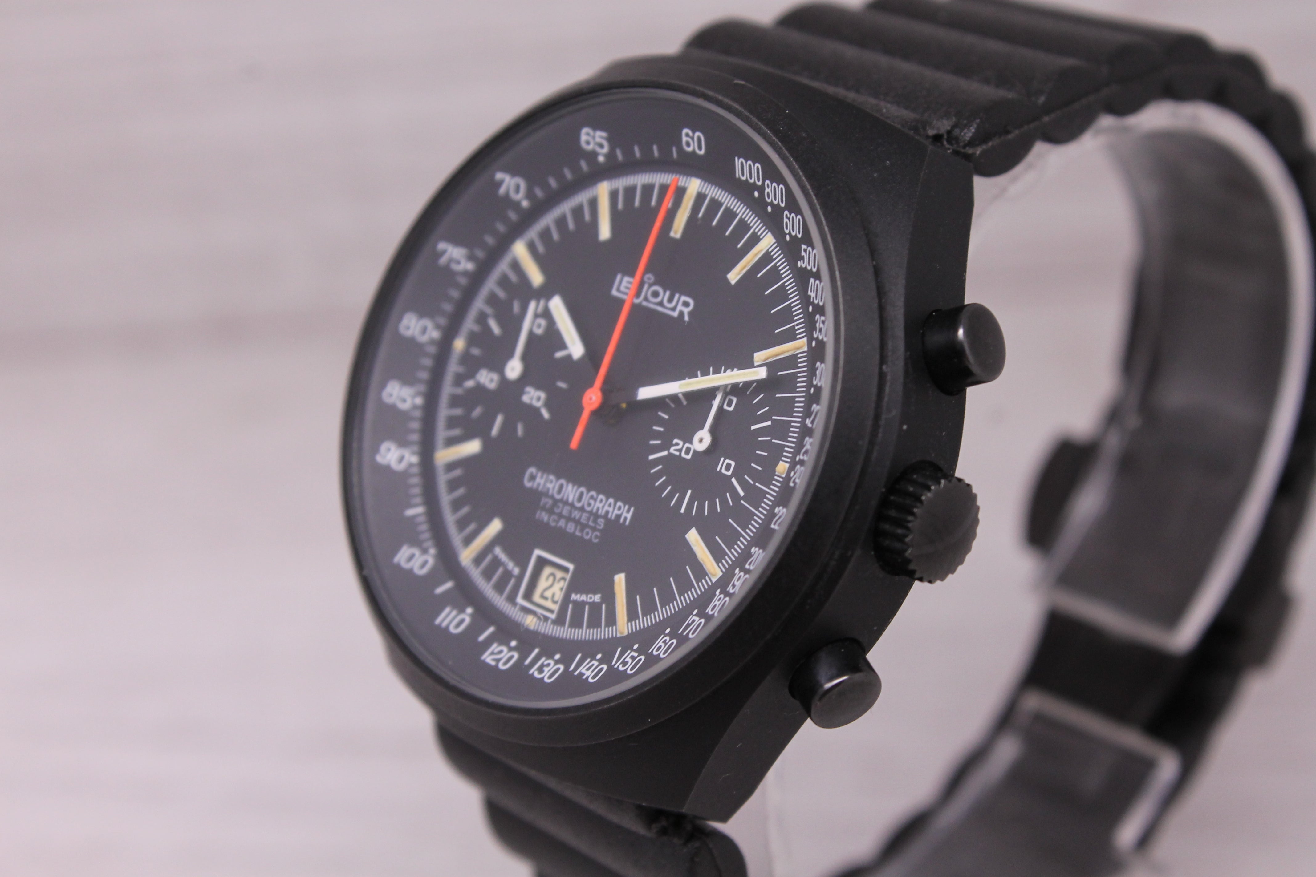 Vintage LeJour 40mm Black PVD Manual Wind Chronograph Valjoux 7734 - Near Mint -