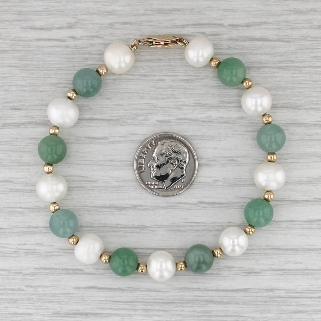 Cultured Pearl Prehnite Bead Bracelet 14k Yellow Gold 7.5" Single Strand