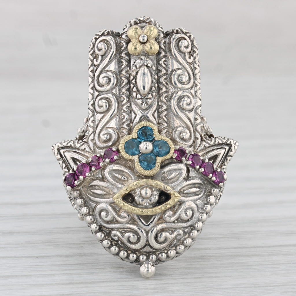 Light Gray Barbara Bixby Garnet Topaz Hamsa Hand Ring Sterling Silver 18k Gold Sz 6 Ornate