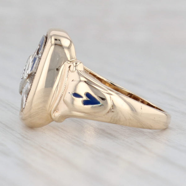 Light Gray Diamond Masonic Signet Ring 10k Yellow Gold Enamel Blue Lodge Insignia Size 9.25