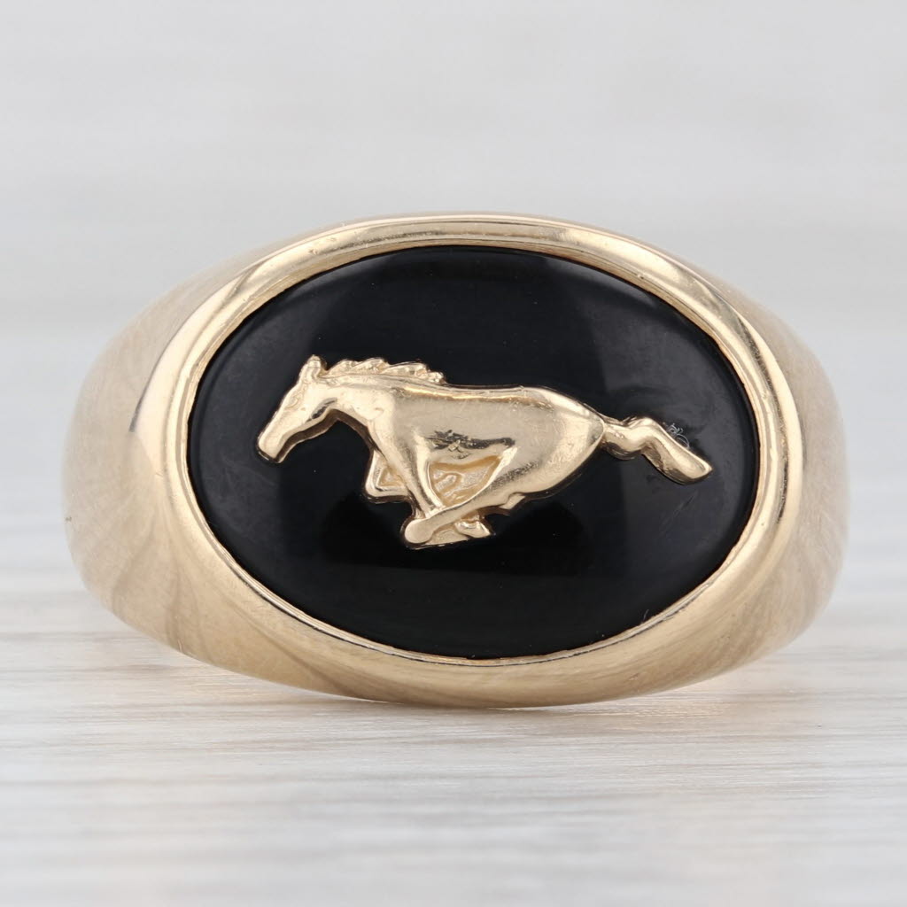 Vintage Ford Mustang Signet Ring 14k Gold Onyx Horse Signet Size 13