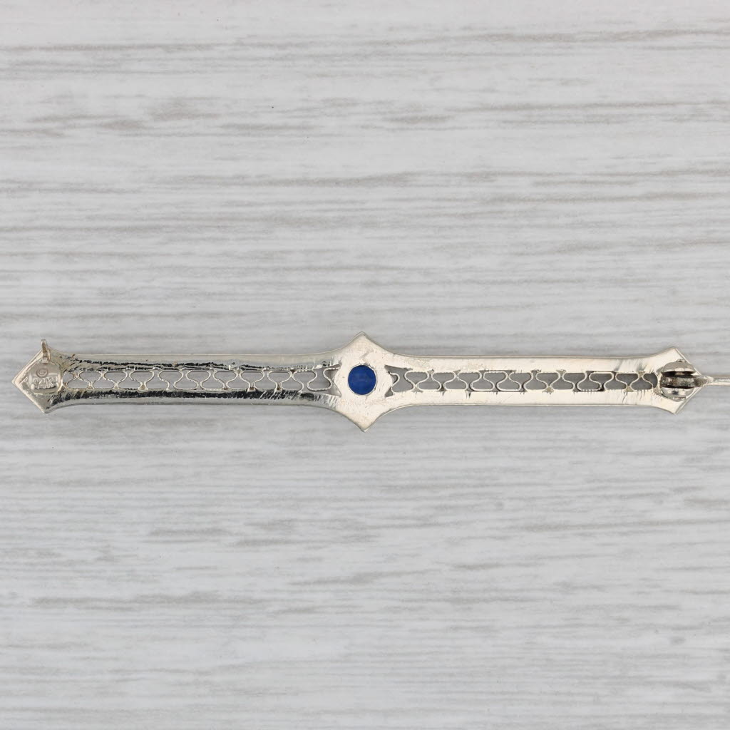 Gray Art Deco 0.35ct Blue Lab Created Sapphire Filgiree Bar Pin 14k White Gold