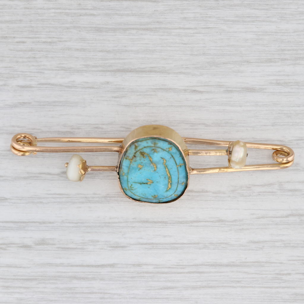 Light Gray Vintage Turquoise Pearl Mother of Pearl Brooch 18k Yellow Gold Pin