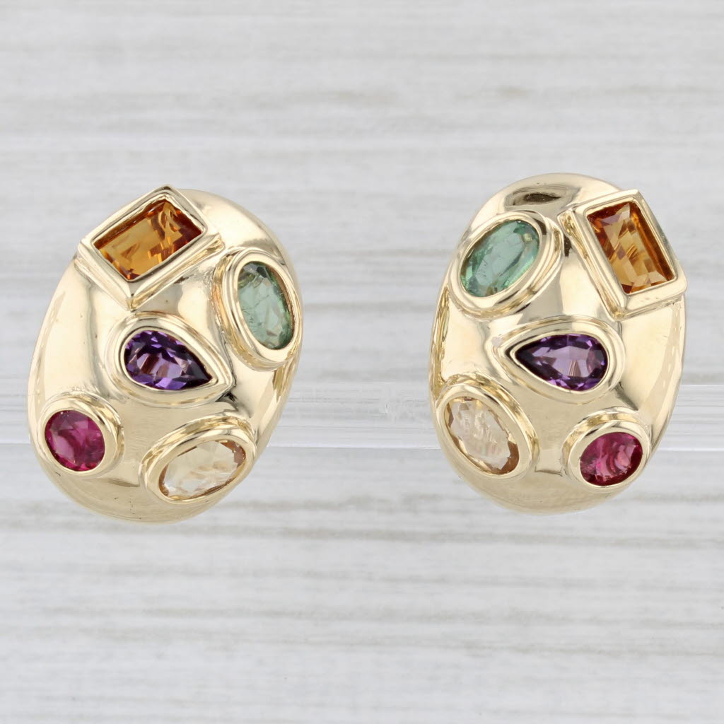 Light Gray 4.66ctw Domed Gemstone Drop Earrings 14k Yellow Gold Citrine Tourmaline Amethyst