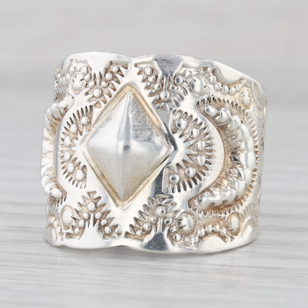 Vincent Platero Stamped Crescent Ring Sterling Silver Navajo Native American