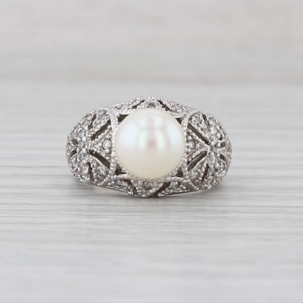 Cultured Pearl 0.27ctw Diamond Filigree Ring 14k White Gold Size 5.25