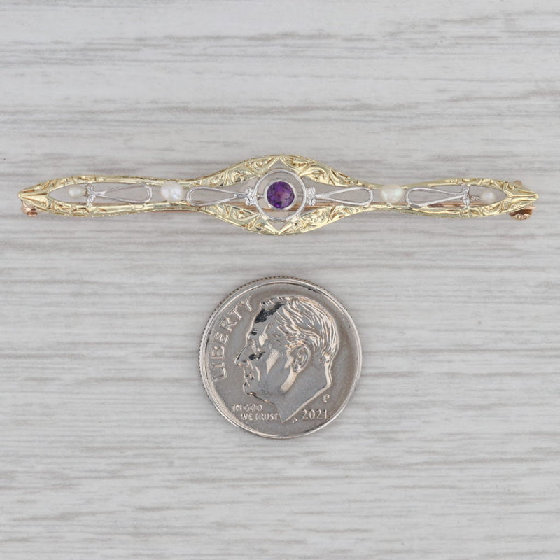 Vintage Seed Pearl 0.10ct Amethyst Ornate Bar Pin 14k Gold Brooch