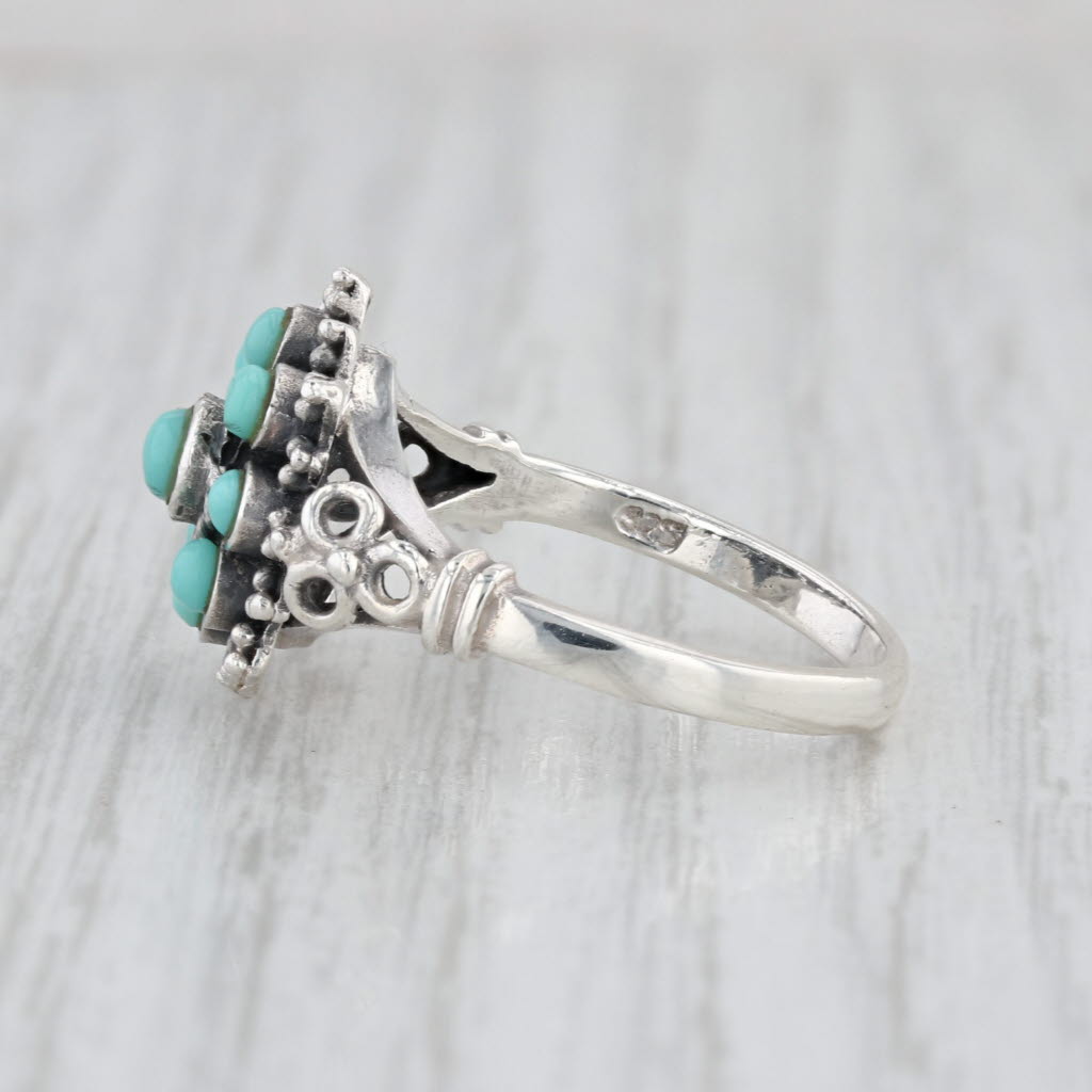 Imitation Turquoise Glass Flower Cluster Ring Sterling Silver Size 8
