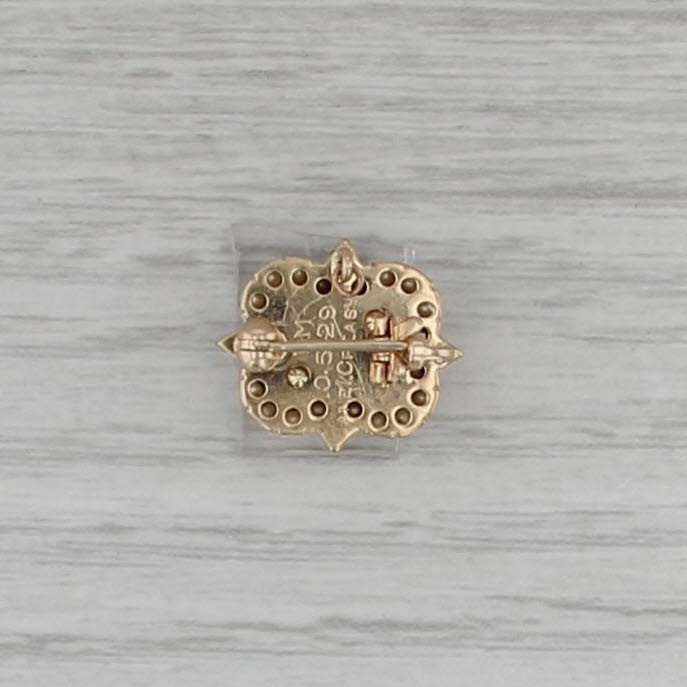 Phi Mu Badge 14k Gold Seed Pearls Synthetic Rubies Vintage Sorority Pin
