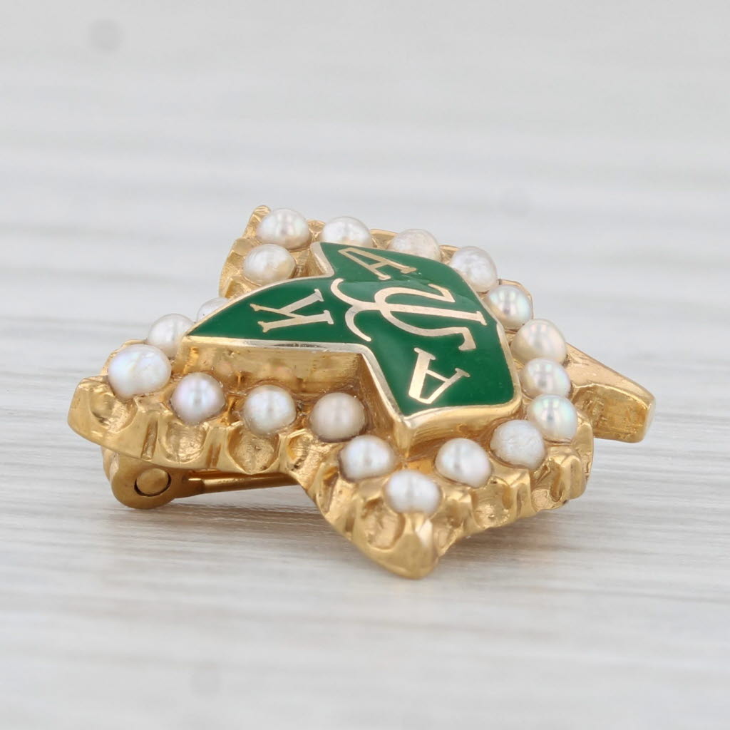 Light Gray Alpha Kappa Alpha Sorority Leaf Badge 10k Gold Pearl Enamel Vintage Greek Pin