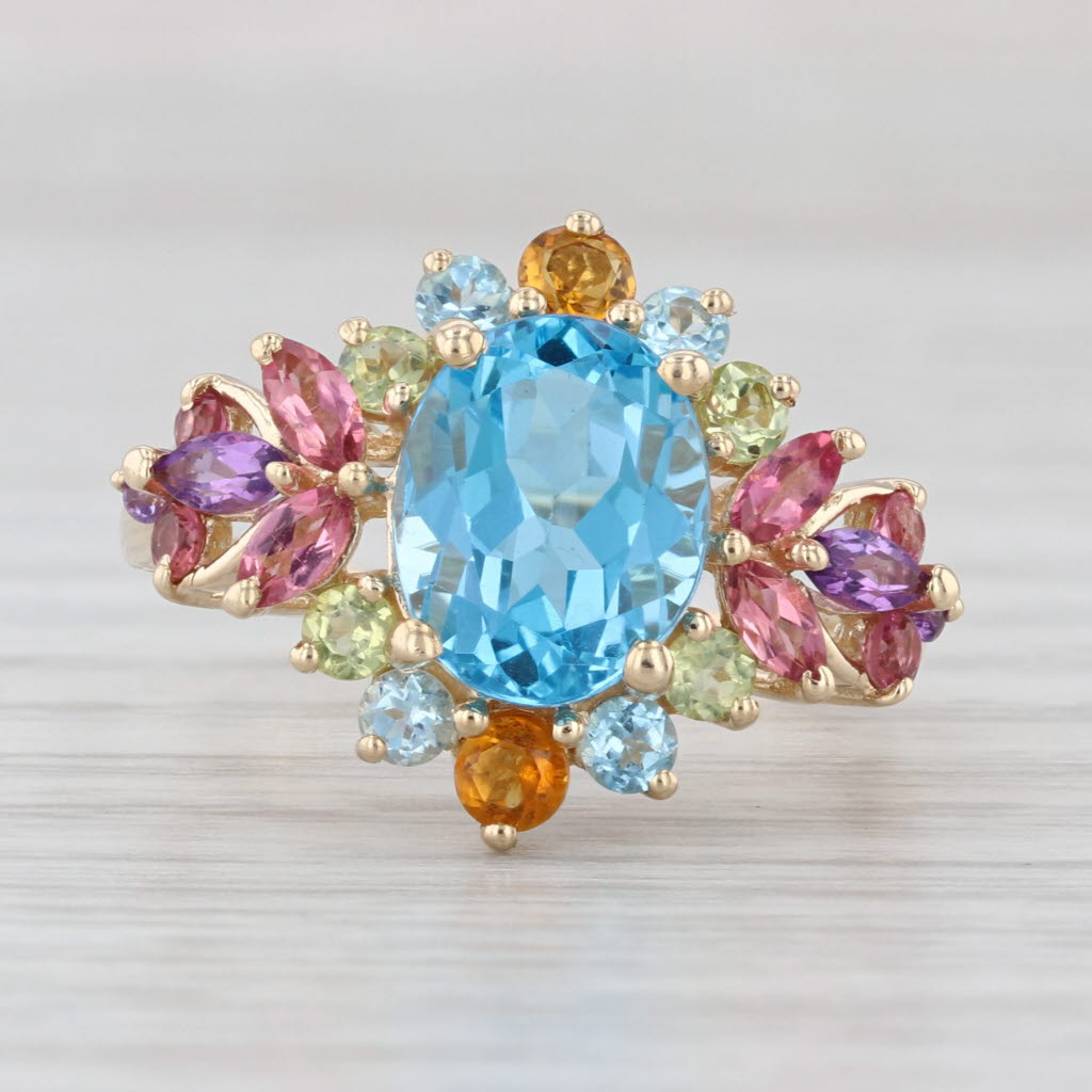 4.51ctw Blue Topaz Citrine Peridot Cluster Ring 14k Gold Size 8.25 Cocktail