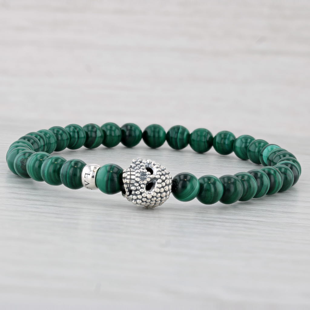 Light Gray New Lagos Caviar Malachite Skull Bead Bracelet Pouch Sterling Silver 05-81388-W8