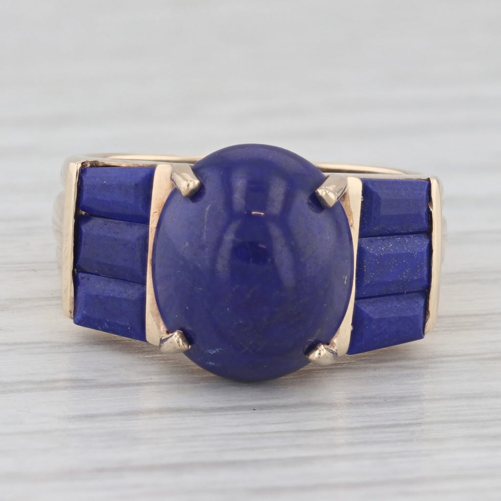 Light Gray Lapis Lazuli Ring 10k Yellow Gold Size 7.25 Blue Oval Cabochon