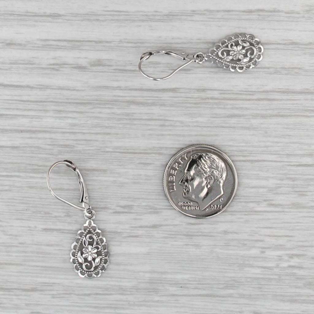 Ornate Floral Openwork Teardrop Dangle Earrings 10k White Gold Lever Backs