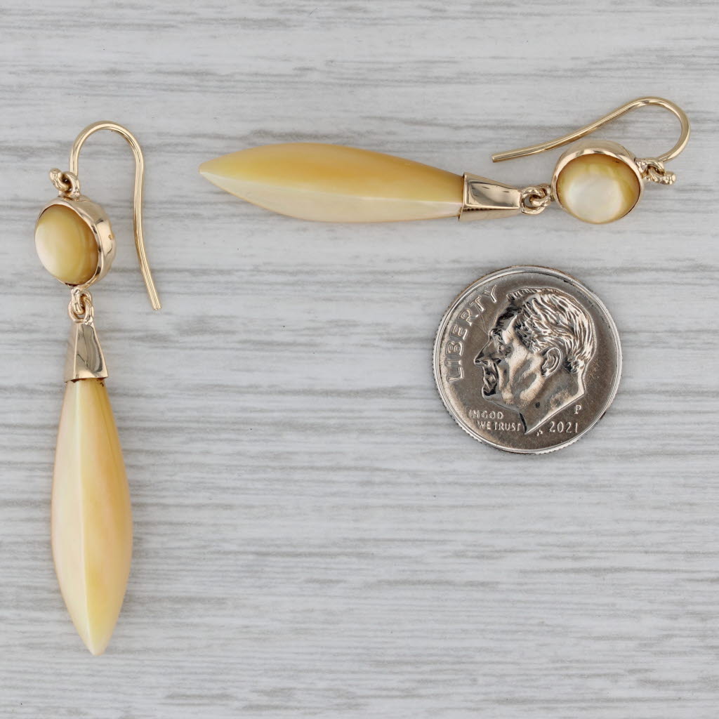 Gray Vintage Mother of Pearl Shell Dangle Earrings 14k Yellow Gold Hook Posts