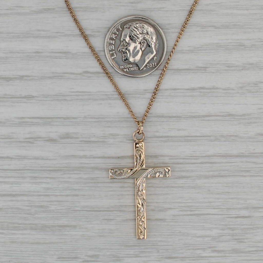 Reversible Cross Pendant Necklace Gold Filled Floral Engraved 19" Curb Chain