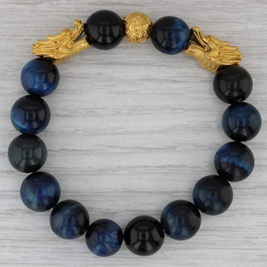 Dark Gray Gold Dragon Stretchable Bead Bracelet Blue Tiger's Eye Onyx Obsidian 6.75"