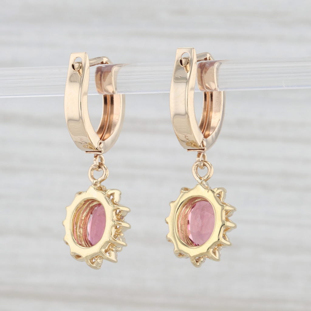 Light Gray 2.11ctw Pink Tourmaline Diamond Halo Dangle Earrings 14k Yellow Gold Snap Top