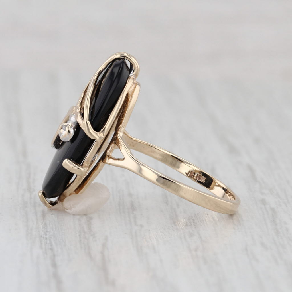 Vintage Onyx Diamond Flower Ring 10k Yellow Gold Size 7