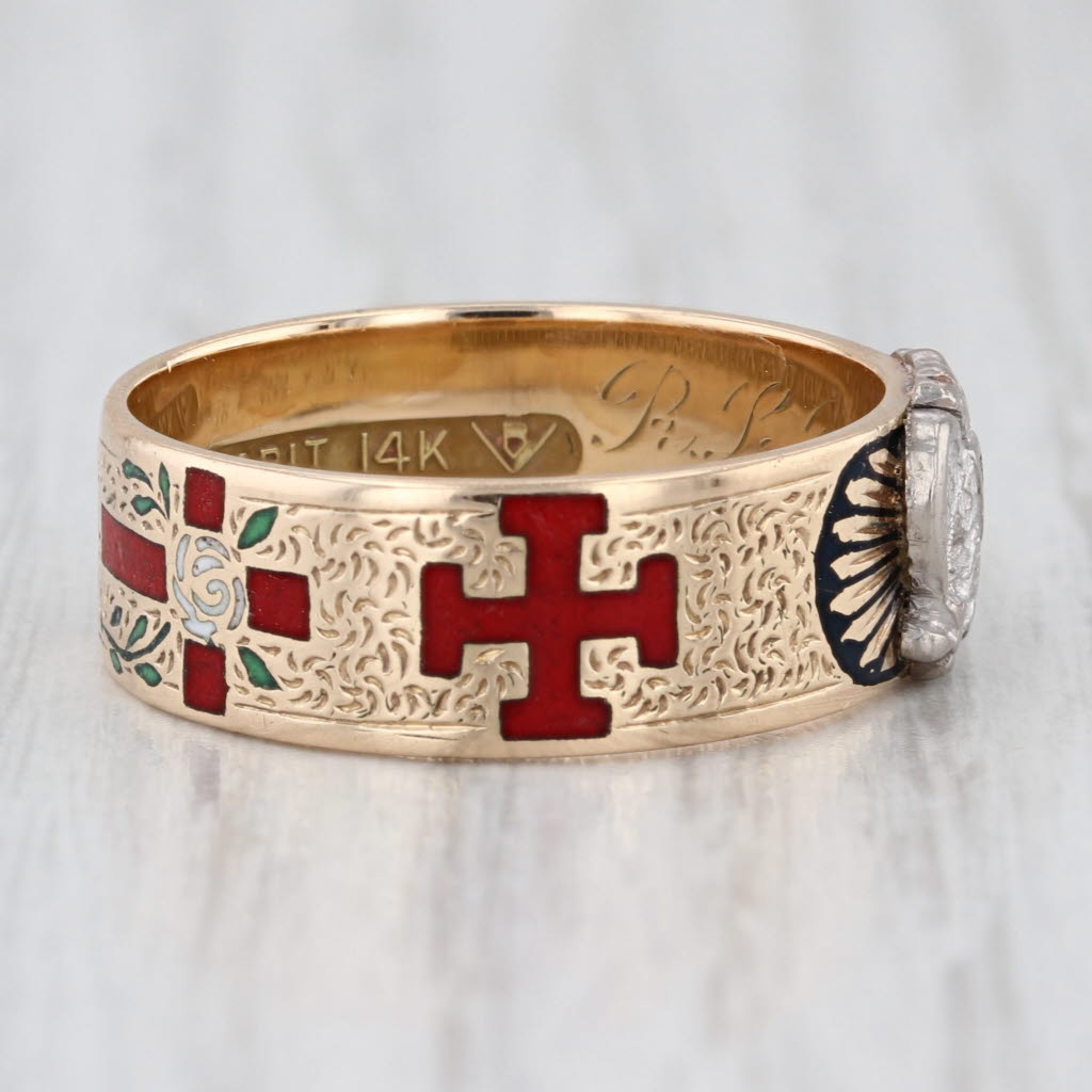 Vintage Scottish Rite Masonic Symbols Ring 14k Gold Blue Lodge Rose Croix