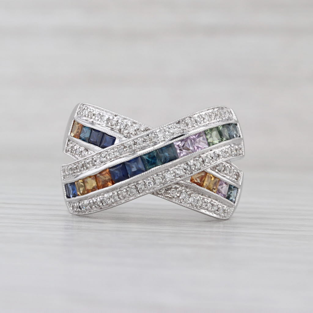 2.18ctw Multicolor Sapphire Diamond Crossover Ring 14k Gold Size 8.25 Cocktail