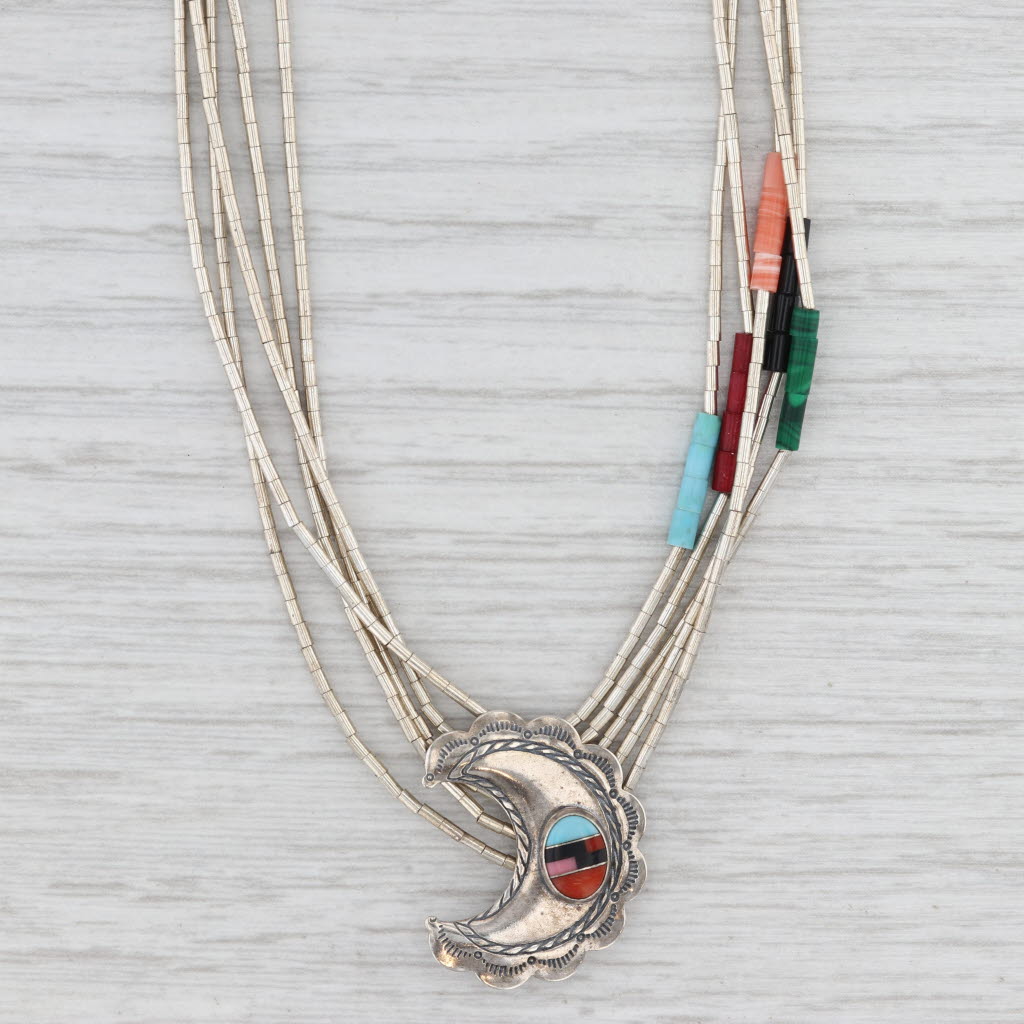 Light Gray Liquid Silver Bead Crescent Moon Necklace Sterling Silver Resin 22" Southwestern