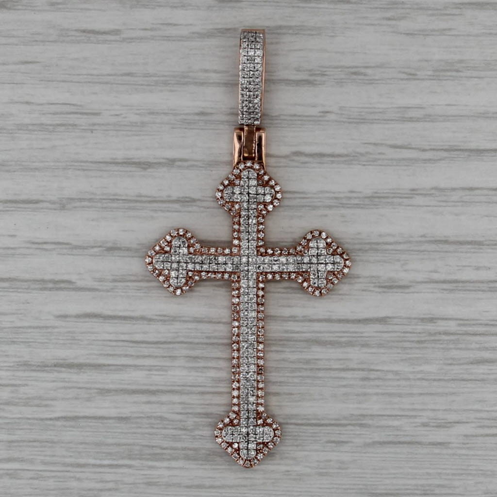 Large 1.70ctw Diamond Cross Pendant 10k Rose Gold Religious Jewelry
