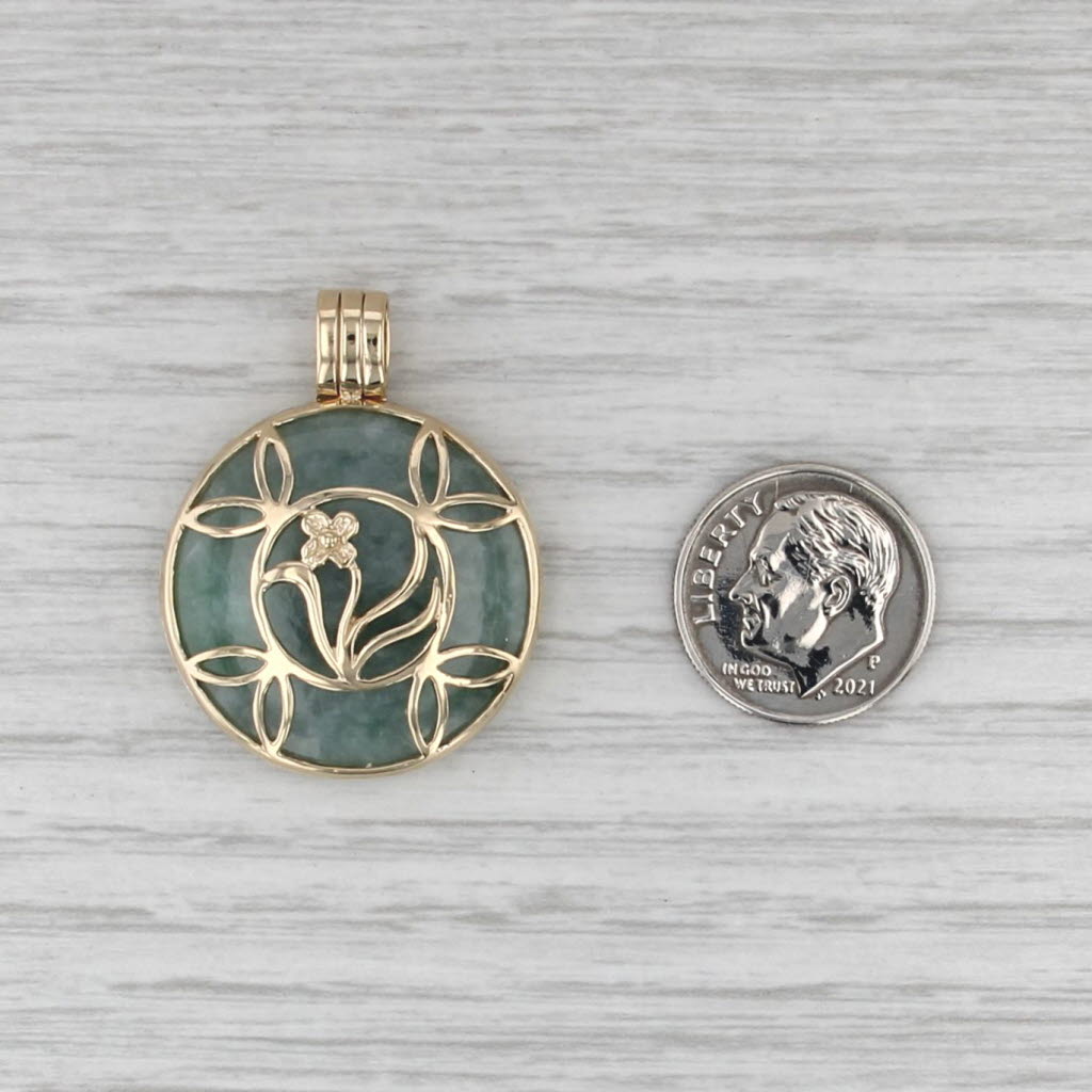 Green Jadeite Jade Cabochon Floral Framed Reversible Pendant 14k Yellow Gold