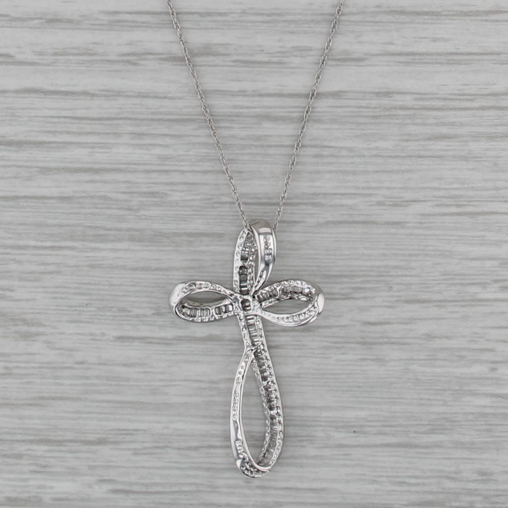 0.50ctw Diamond Stylized Cross Pendant Necklace 14k White Gold 18" Rope Chain