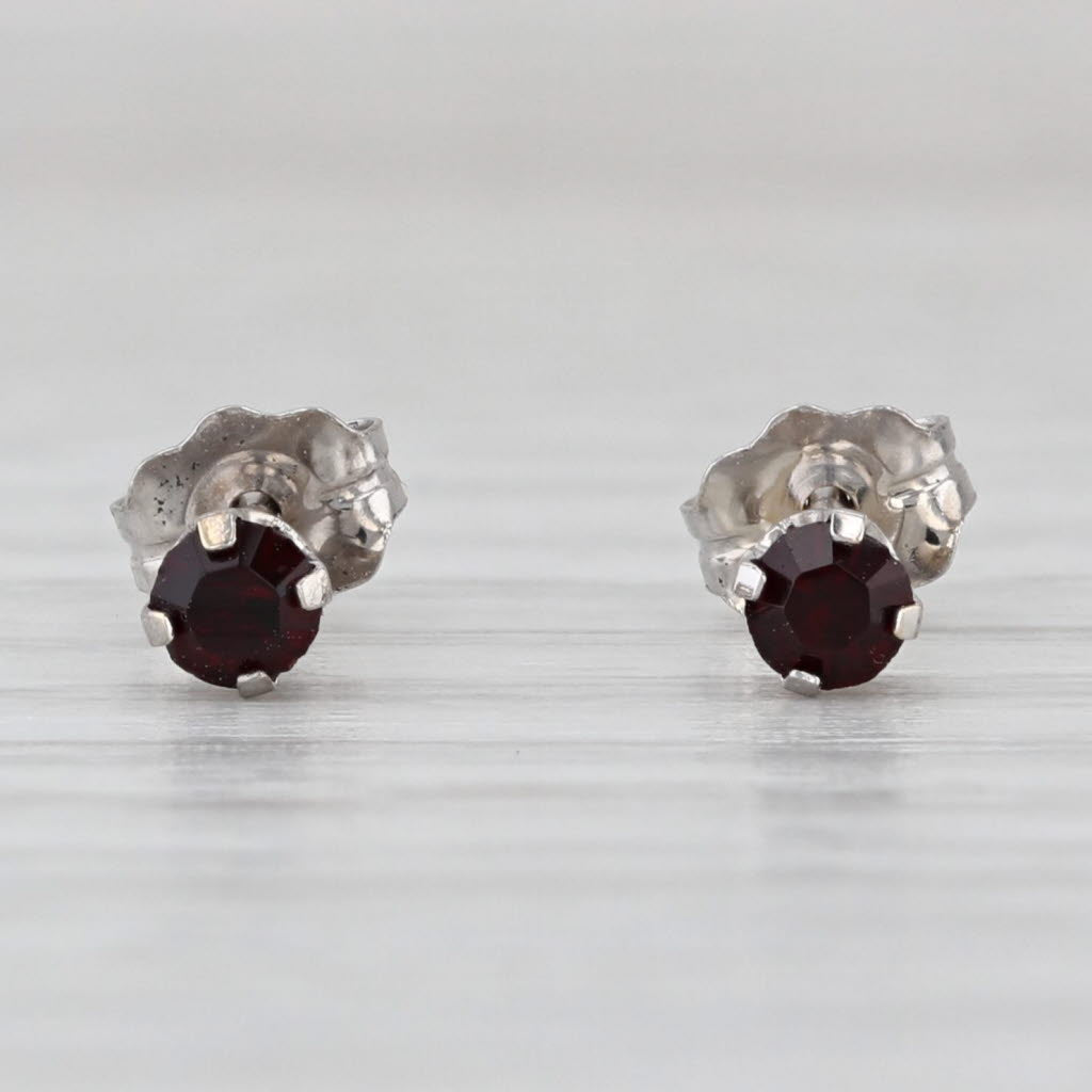 Red Glass Imitation Garnet Stud Earrings 14k White Gold Round Solitaire Studs