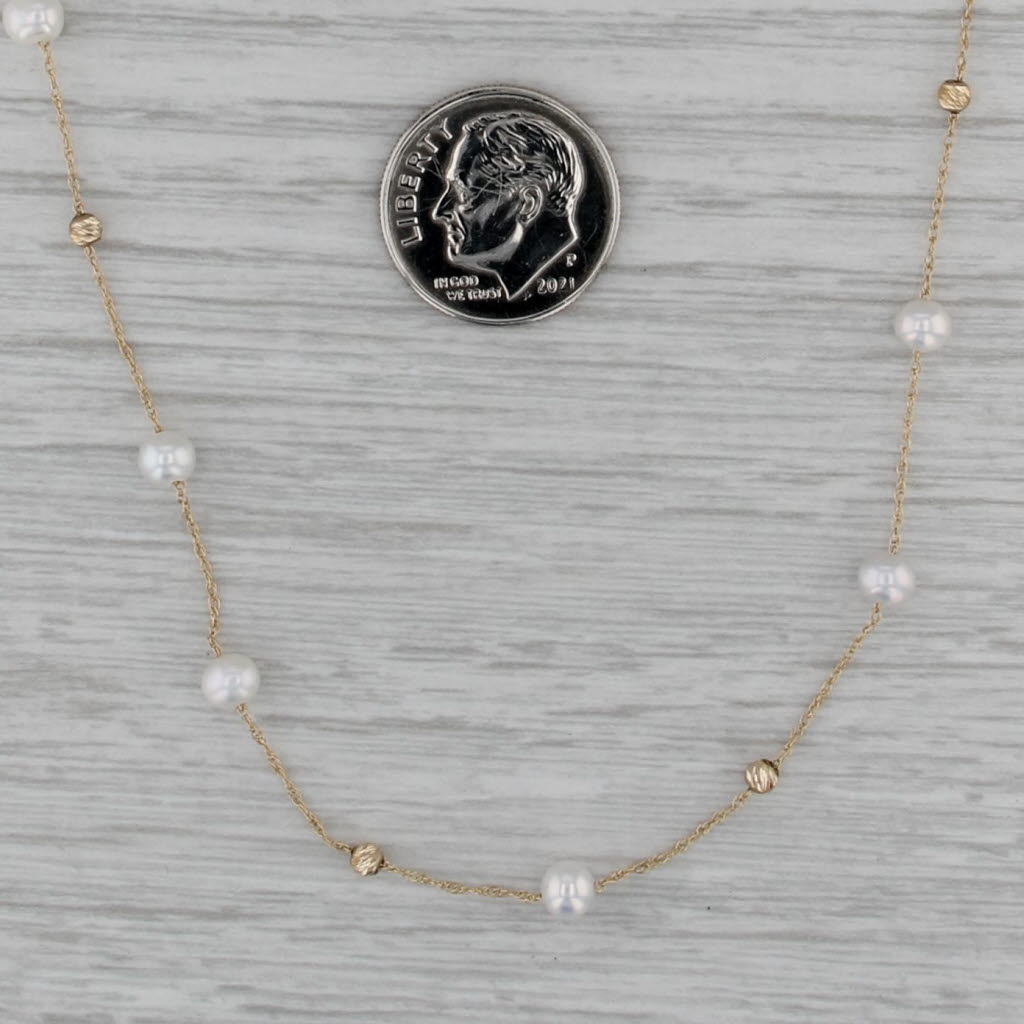 Cultured Pearl Bead Station Necklace 14k Yellow Gold 16" Rope Chain