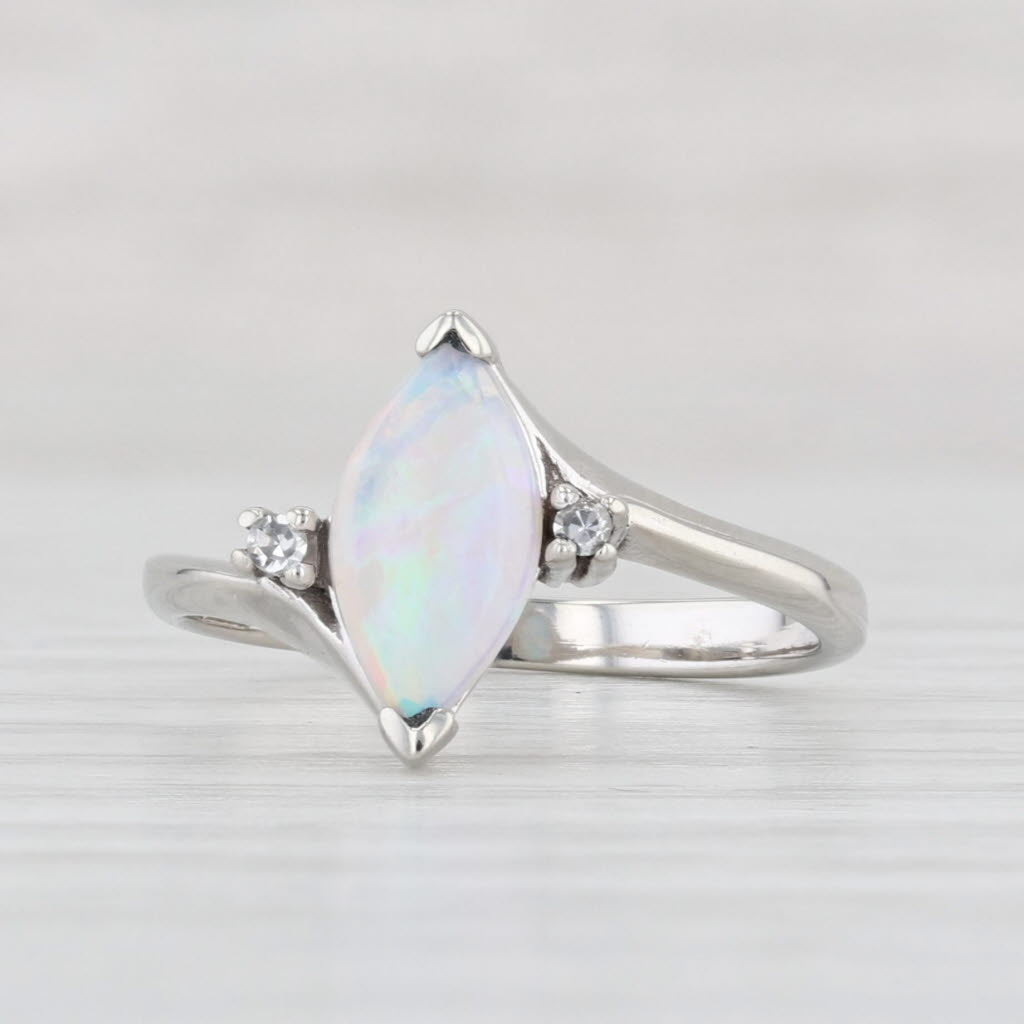 Light Gray Opal Diamond Ring 10k White Gold Size 4.5 Marquise Cabochon Solitaire