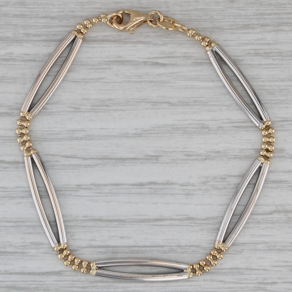 Gray Bar & Bead Link Bracelet 14k Yellow White Gold 6.5" 5.2mm