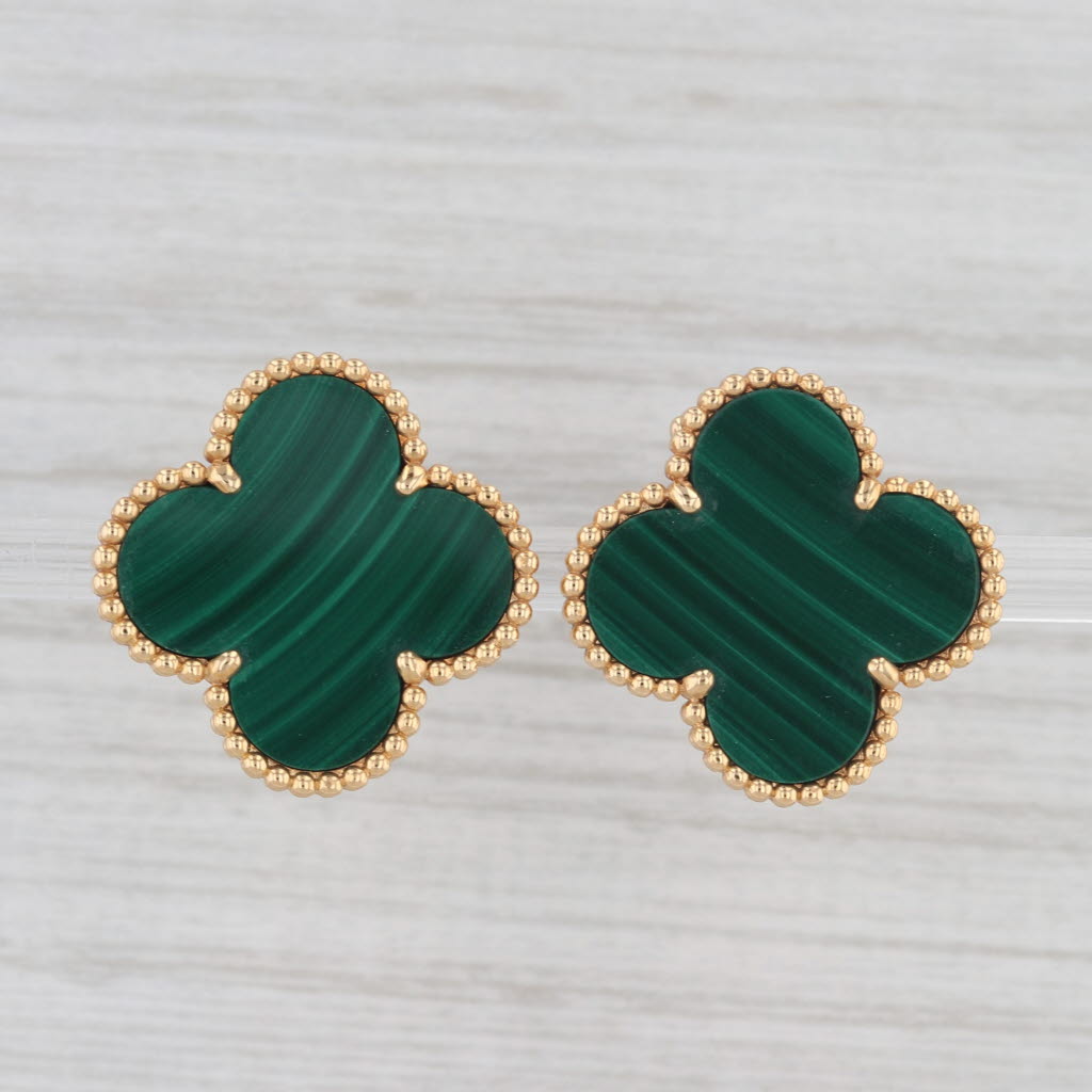 Light Gray Van Cleef Arpels VCA Alhambra Malachite Magic Clover Earrings 18k Gold Box Cert