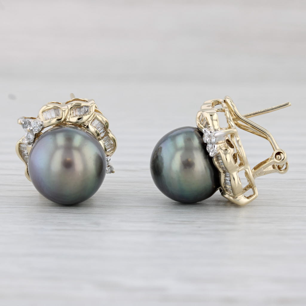 Light Gray Cultured Gray Pearl 1.18ctw Diamond Halo Earrings 14k Yellow Gold Omega Backs