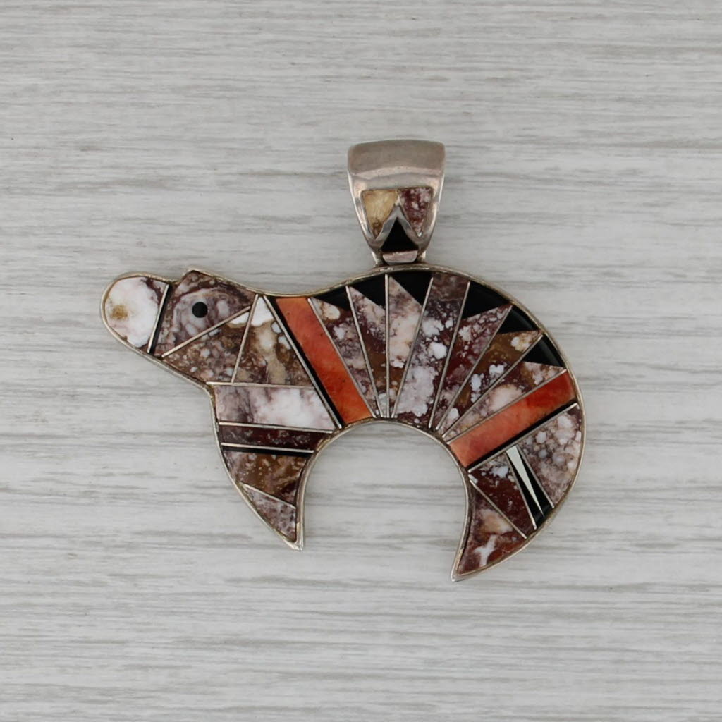 Mia Bear Stone Shell Mosaic Pendant Sterling Silver Native American
