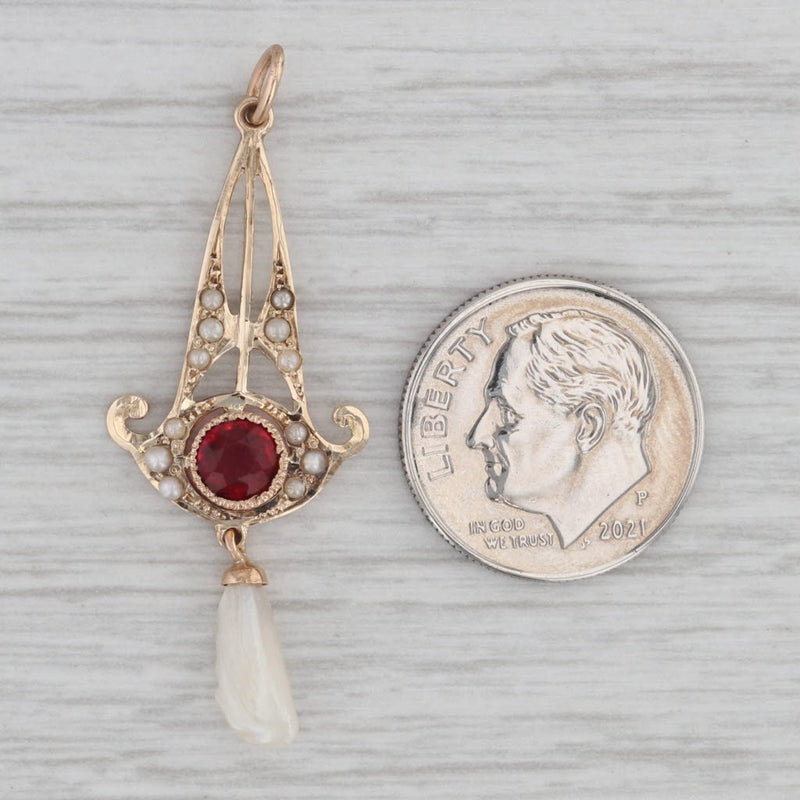 Art Deco Lavalier Pendant 10k Yellow Gold Lab Created Ruby Seed Keshi Pearl