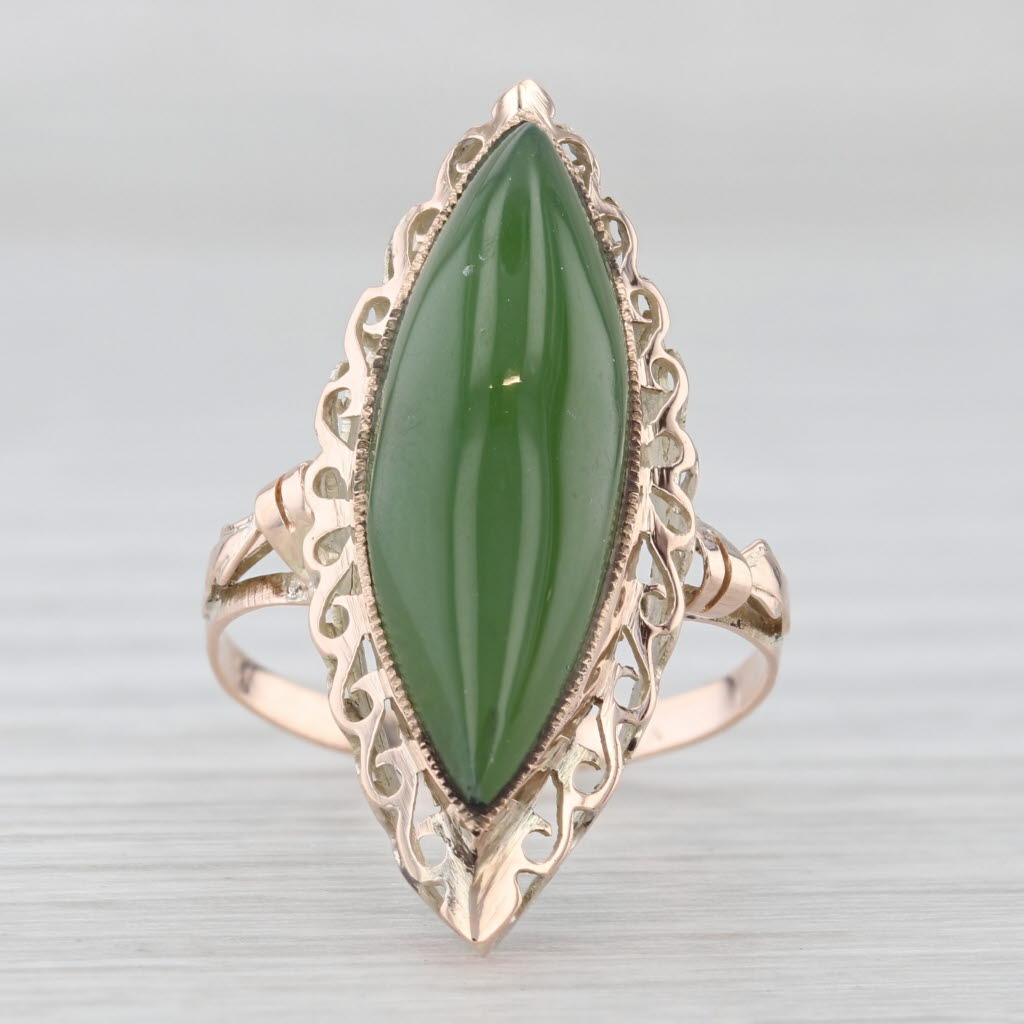 Light Gray Green Nephrite Jade Nanette Cabochon Ring 10k Yellow Gold Size 5.75