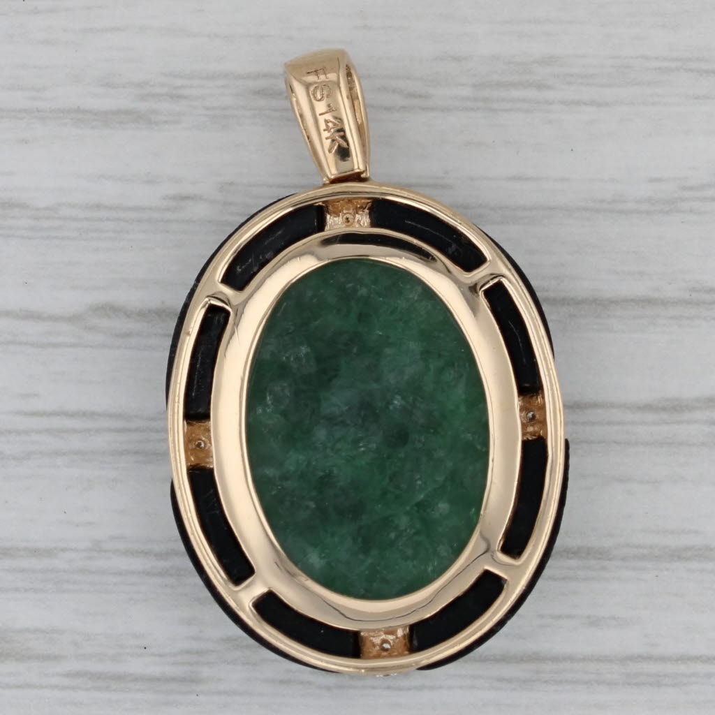 Gray Oval Cabochon Green Jadeite Jade Onyx Diamond Pendant 14k Yellow Gold