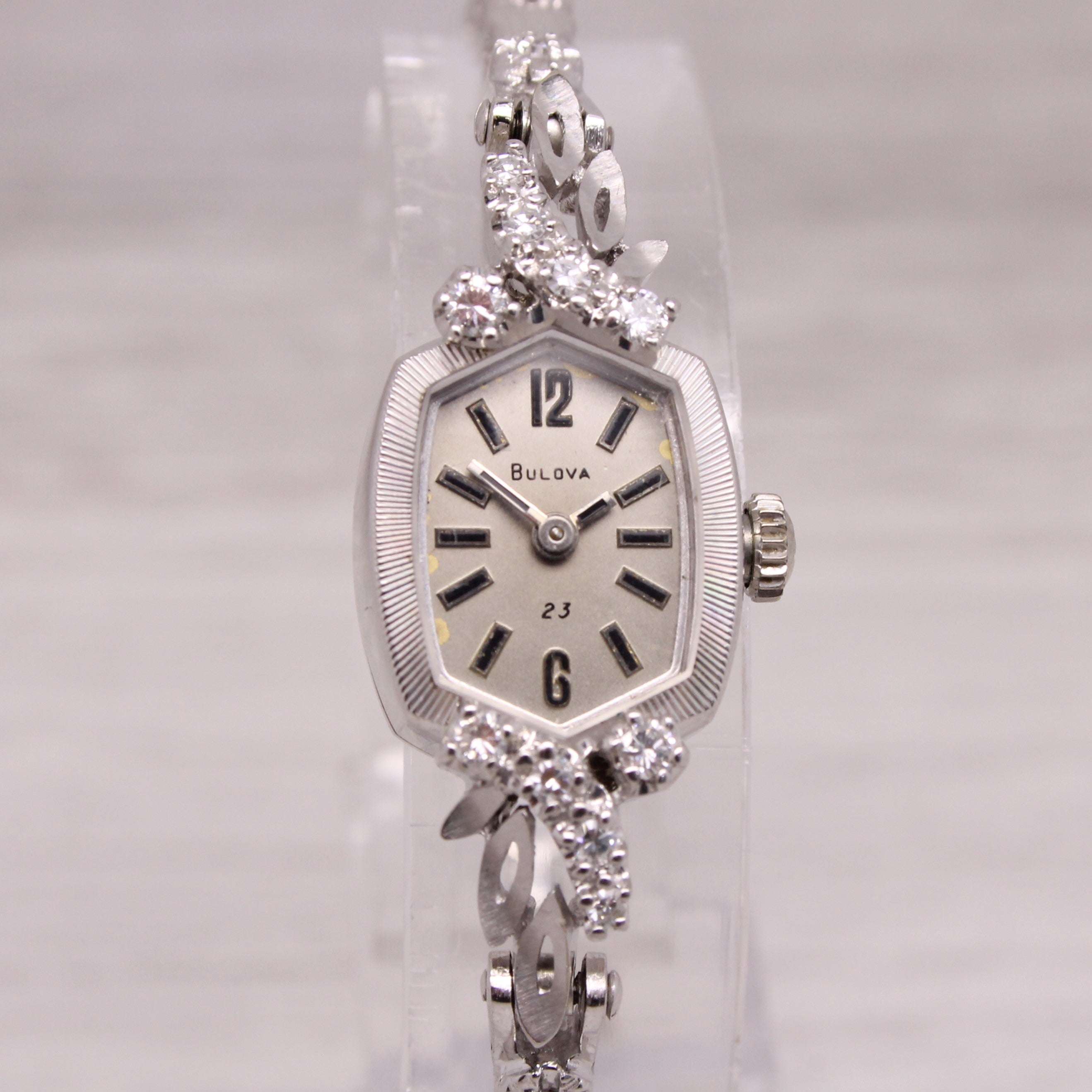 Gray Vintage Bulova 23 Ladies14k White Gold & Diamond Cocktail Wrist Watch Serviced