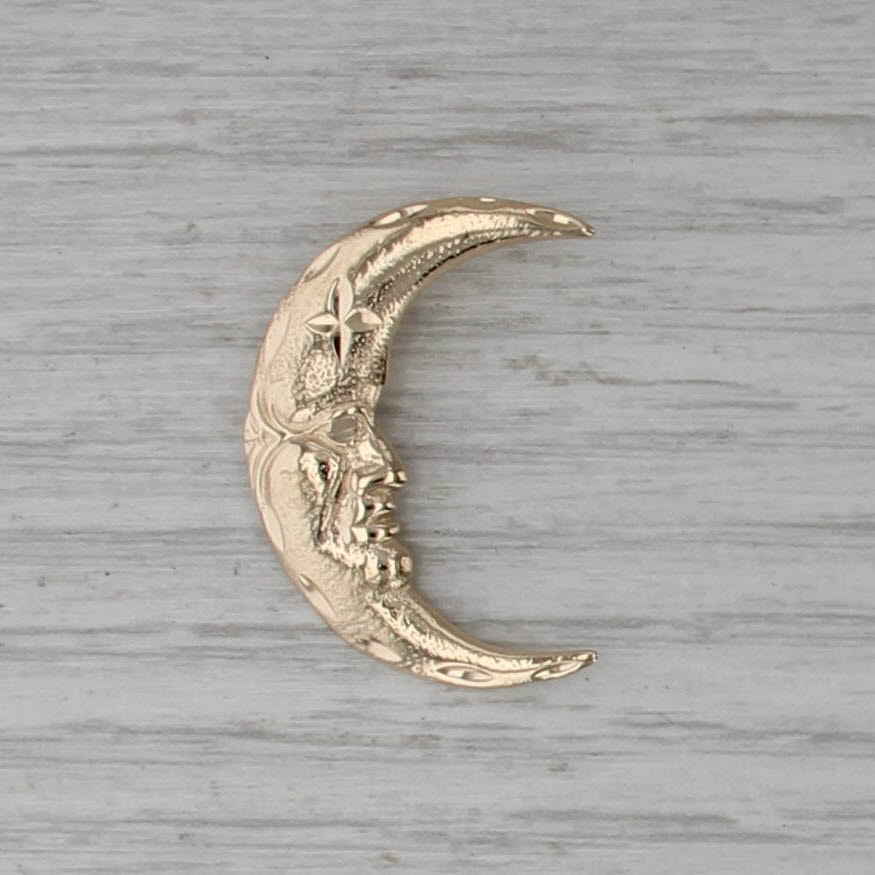 Crescent Moon with face Pendant 14k Yellow Gold Floating Drop