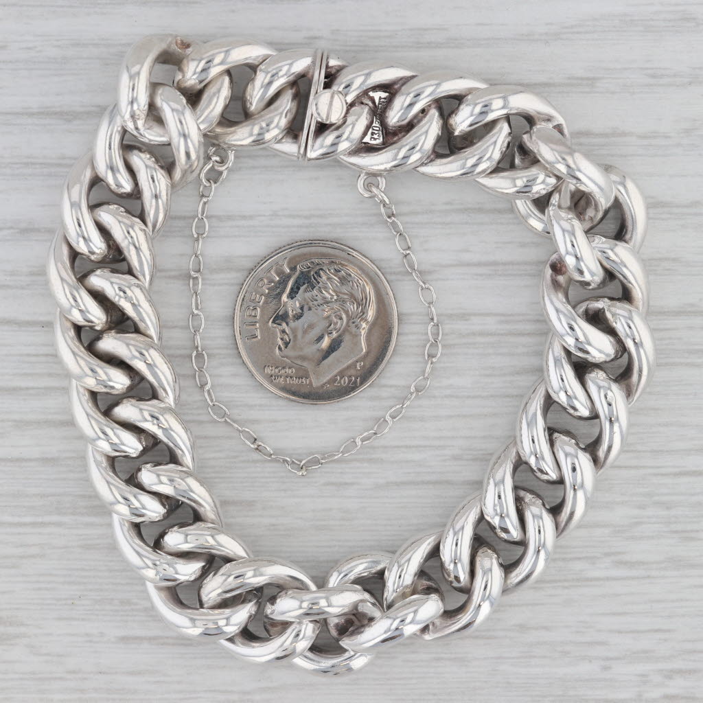 Gray Curb Chain Bracelet w/ Safety Chain 830 Silver Antique Monogrammed 7.5" 12.2mm