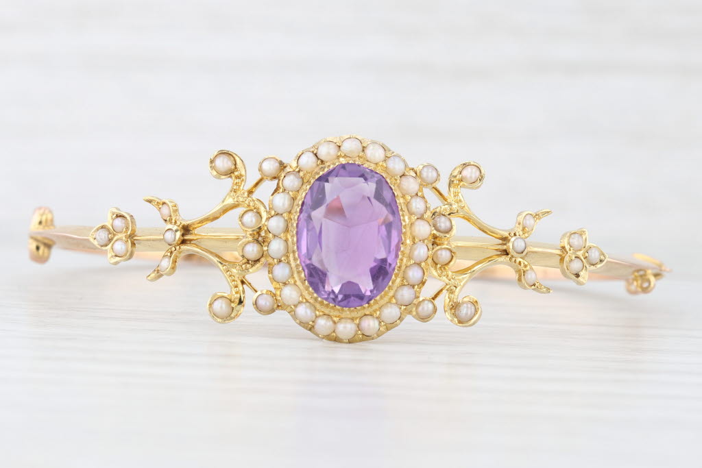 Lavender Ornate Antique 5.50ct Amethyst Pearl Halo Bangle Bracelet 14k Yellow Gold 6.25"